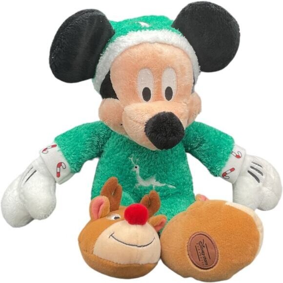 Disney Store Mickey Mouse Christmas Plush Doll Reindeer Slippers Pajamas 13" - Picture 1 of 7